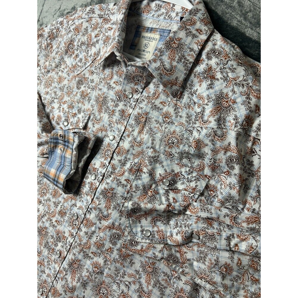 PANHANDLE ROUGH STOCK Pearl Snap Shirt Men's Medium White Paisley Rodeo Cowboy
